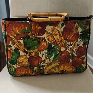 90s Vintage Fall Design Wooden Handle Purse